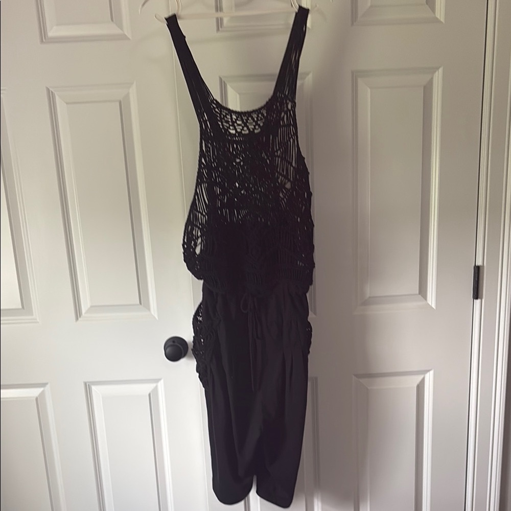 Free People x New Romantics Black Crochet Outerbanks Slouchy Romper